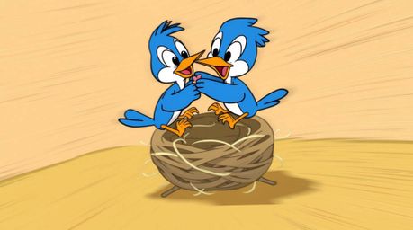 Witness the dynamic motion of two charming cartoon birds diligently constructing their nest in a classic animation style.  En