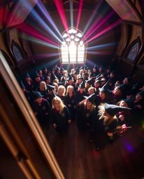 Capture the enchantment of a magical school teeming with young wizards in this high-angle perspective photograph. Bathed in b