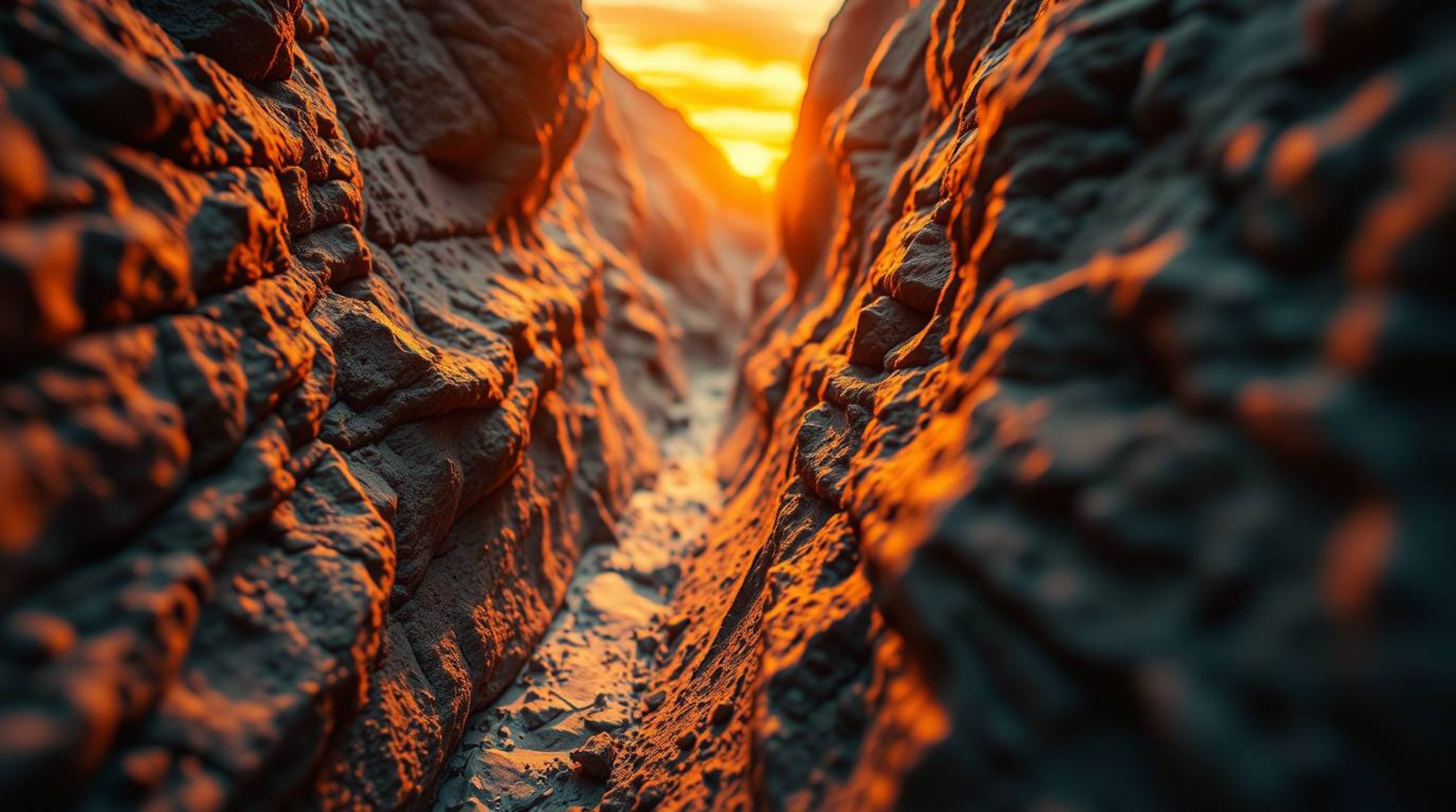 A stunning extreme macro close-up captures a rocky canyon illuminated by the warm hues of a sunset, revealing intricate detai