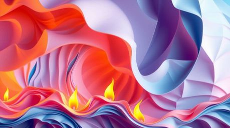 A vibrant, fluid abstract wave artwork features a pastel gradient texture, intricate origami-inspired design, and geometric p