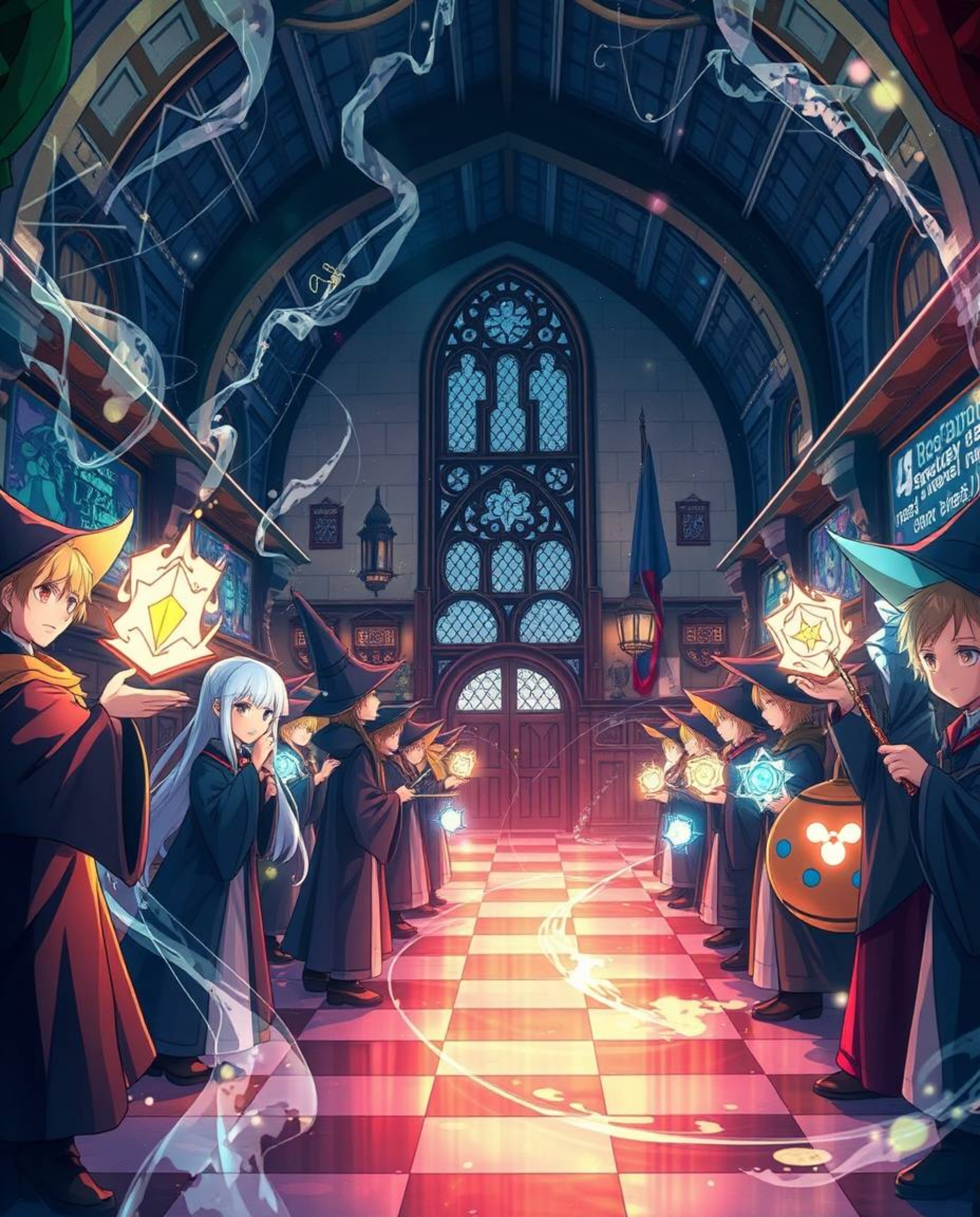 Discover a captivating Isekai anime rendering of a magical school brimming with young wizards.  Creative light art illuminate