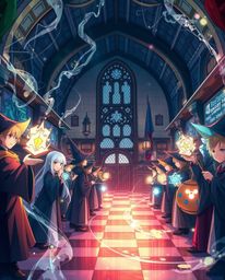 Discover a captivating Isekai anime rendering of a magical school brimming with young wizards.  Creative light art illuminate