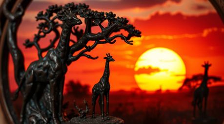 A stunning close-up reveals a cast bronze sculpture depicting a breathtaking sunset over an African savanna. Silhouetted gira