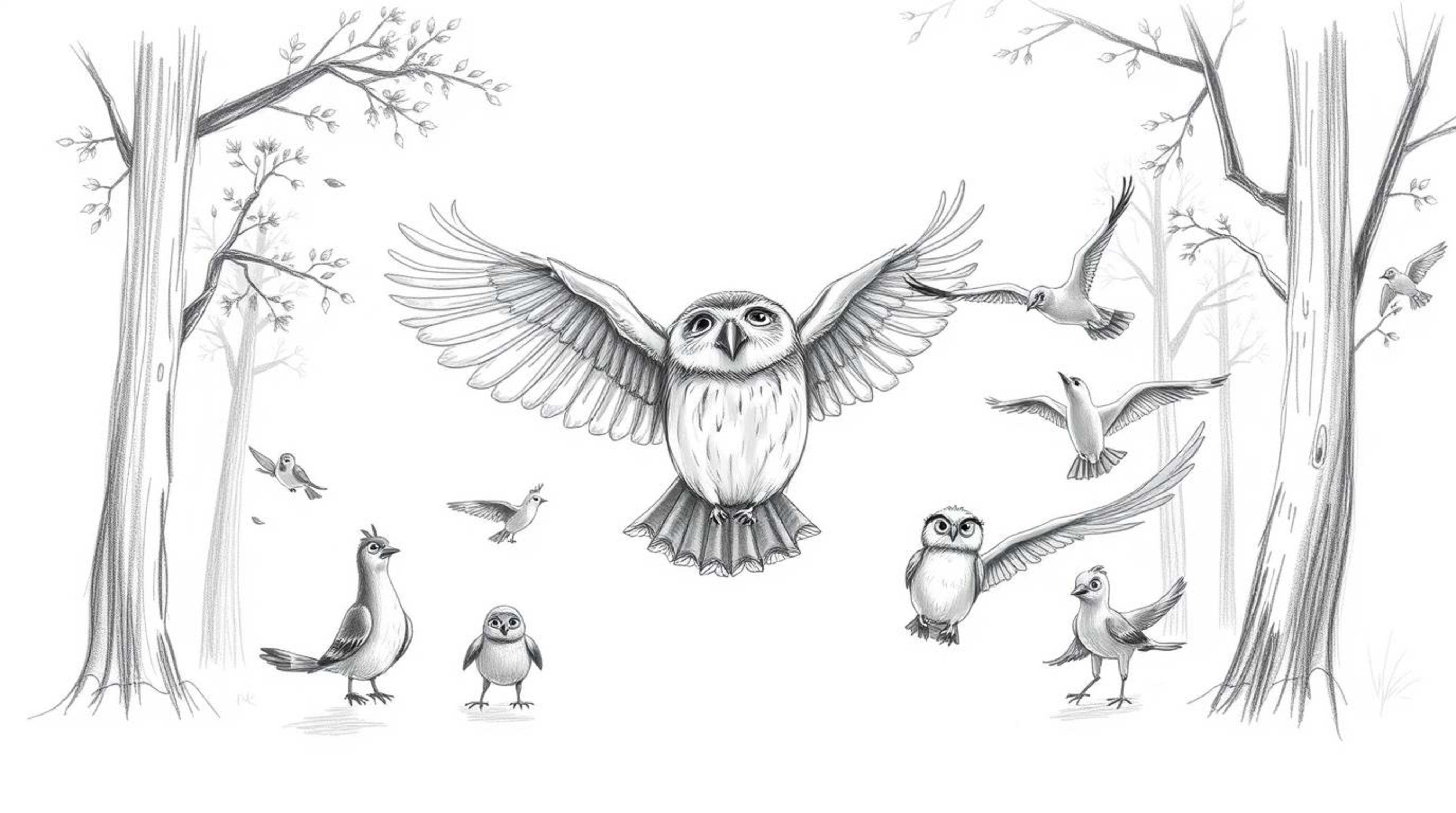 A heartwarming hand-drawn sketch in the style of Pixar depicts a blind owl patiently teaching a diverse flock of birds to fly