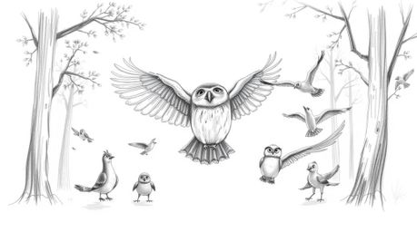 A heartwarming hand-drawn sketch in the style of Pixar depicts a blind owl patiently teaching a diverse flock of birds to fly