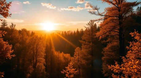Immerse yourself in a grand, epic autumn forest scene at sunset, dramatically lit with modern, futuristic lens flare. Golden 
