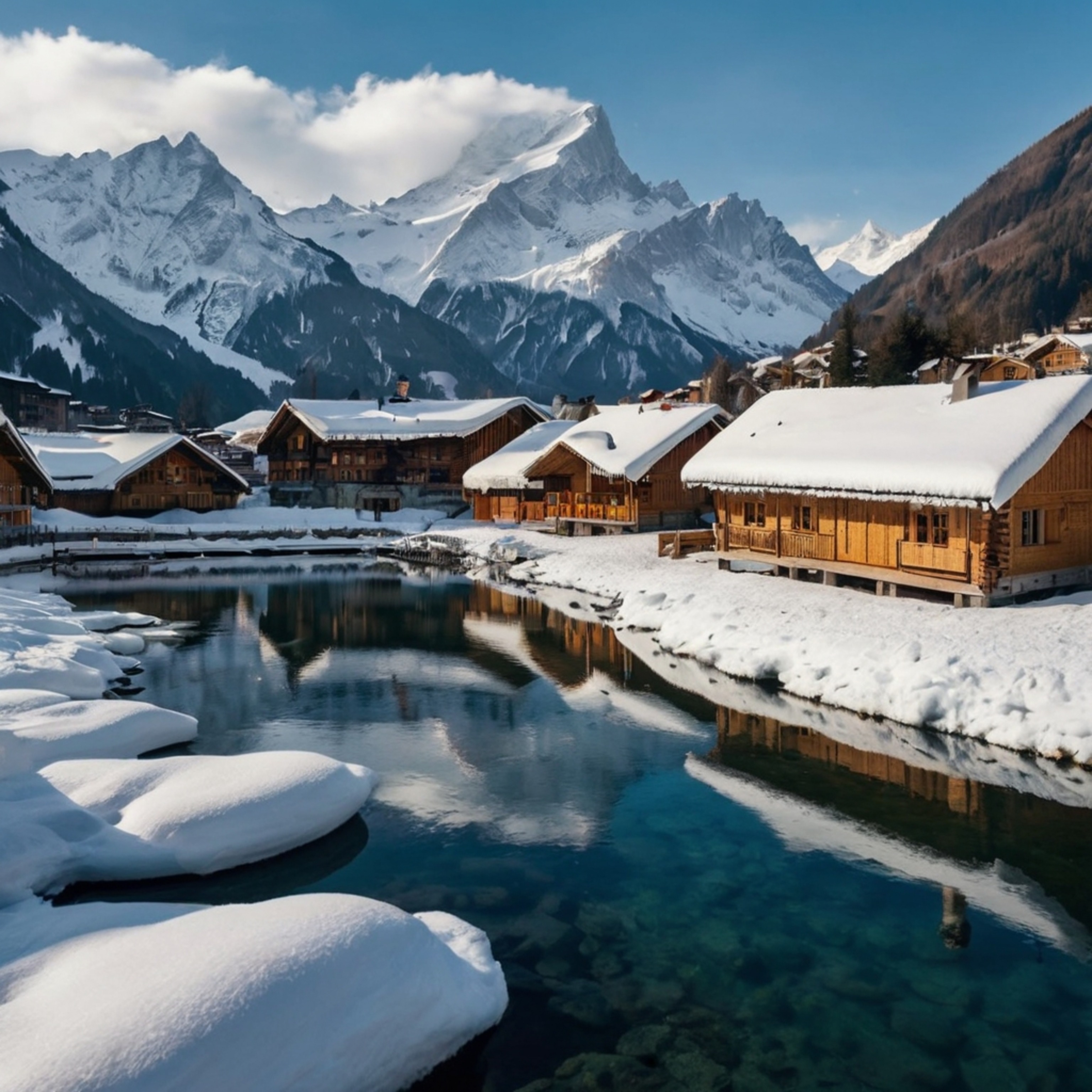 Discover the enchanting beauty of a snow-covered Alpine village, complete with charming wooden chalets nestled beside a froze