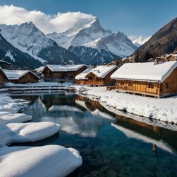 Discover the enchanting beauty of a snow-covered Alpine village, complete with charming wooden chalets nestled beside a froze