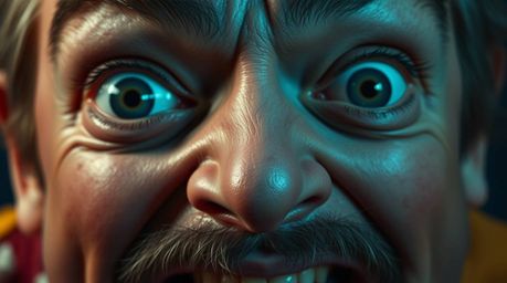 Experience an extreme macro close-up of a hilariously disgusting comedic moment featuring exaggerated expressions, all render