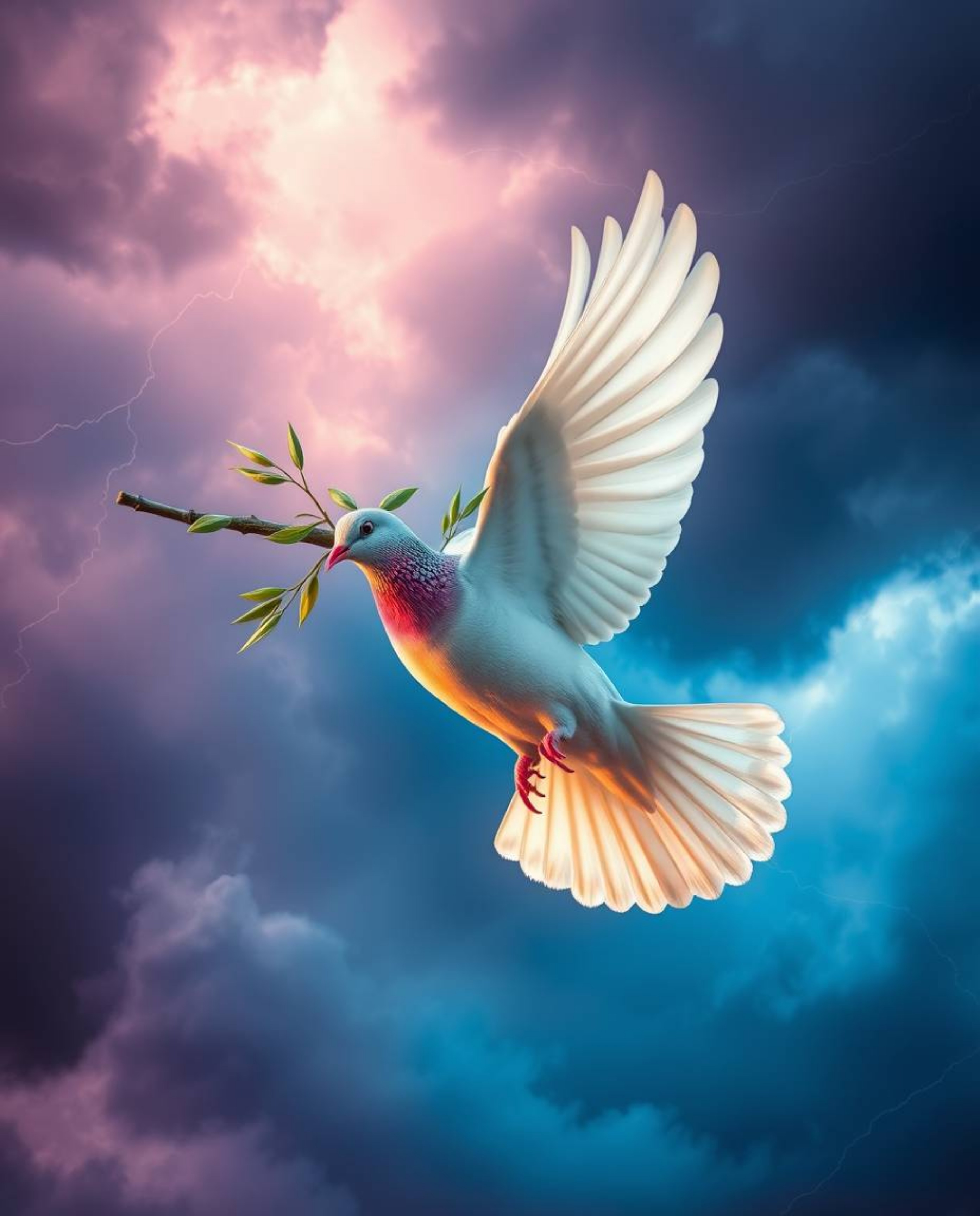 A vibrant digital artwork depicts a dove carrying an olive branch, soaring through dramatically stormy skies.  Rendered in el