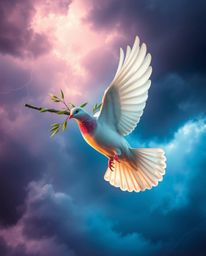 A vibrant digital artwork depicts a dove carrying an olive branch, soaring through dramatically stormy skies.  Rendered in el
