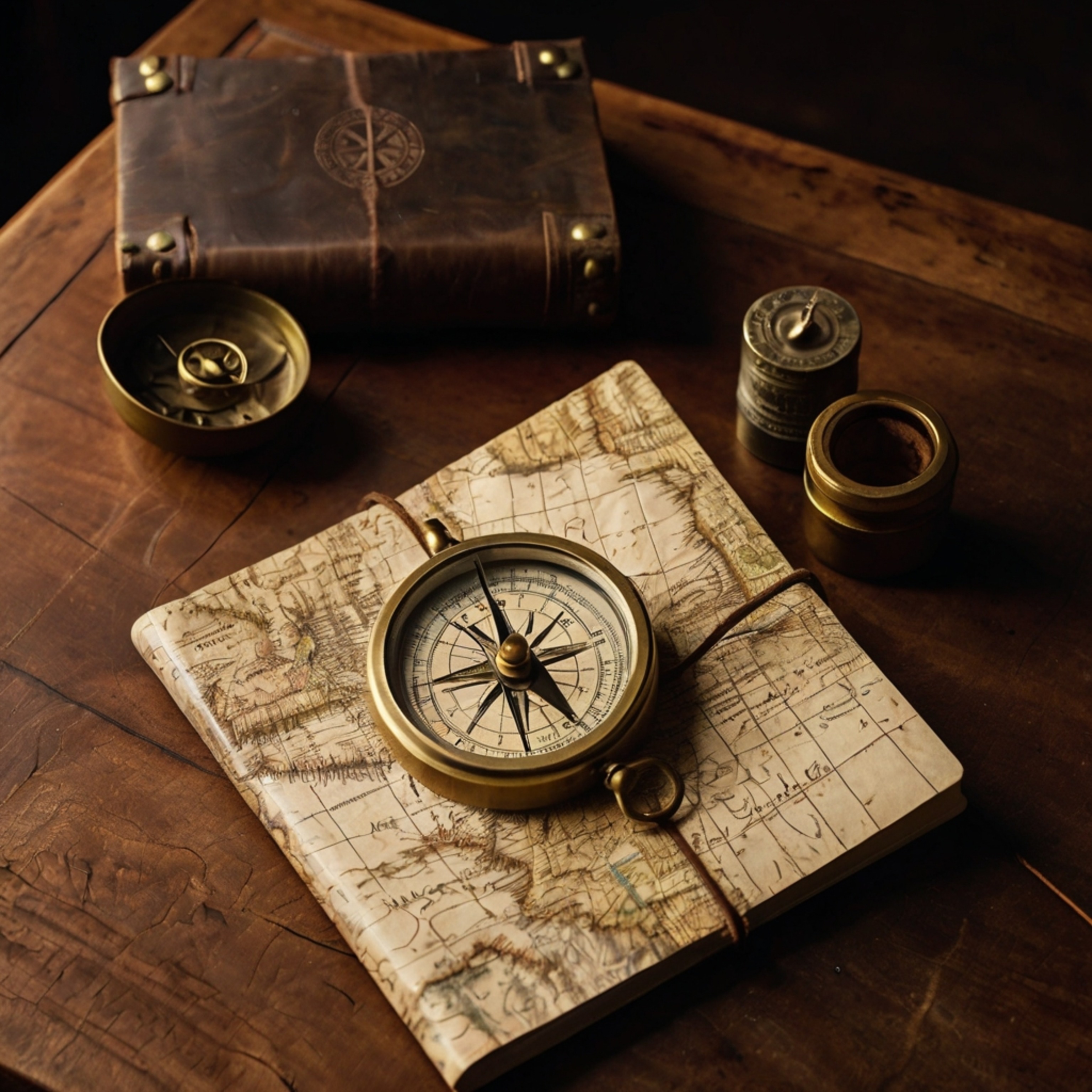 A captivating scene featuring a brass compass, a meticulously folded map, and a classic leather travel journal elegantly arra
