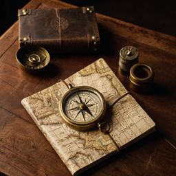 A captivating scene featuring a brass compass, a meticulously folded map, and a classic leather travel journal elegantly arra