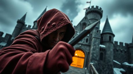 This extreme macro close-up, high-resolution stock photo depicts a thief sneaking into a heavily guarded castle. This commerc