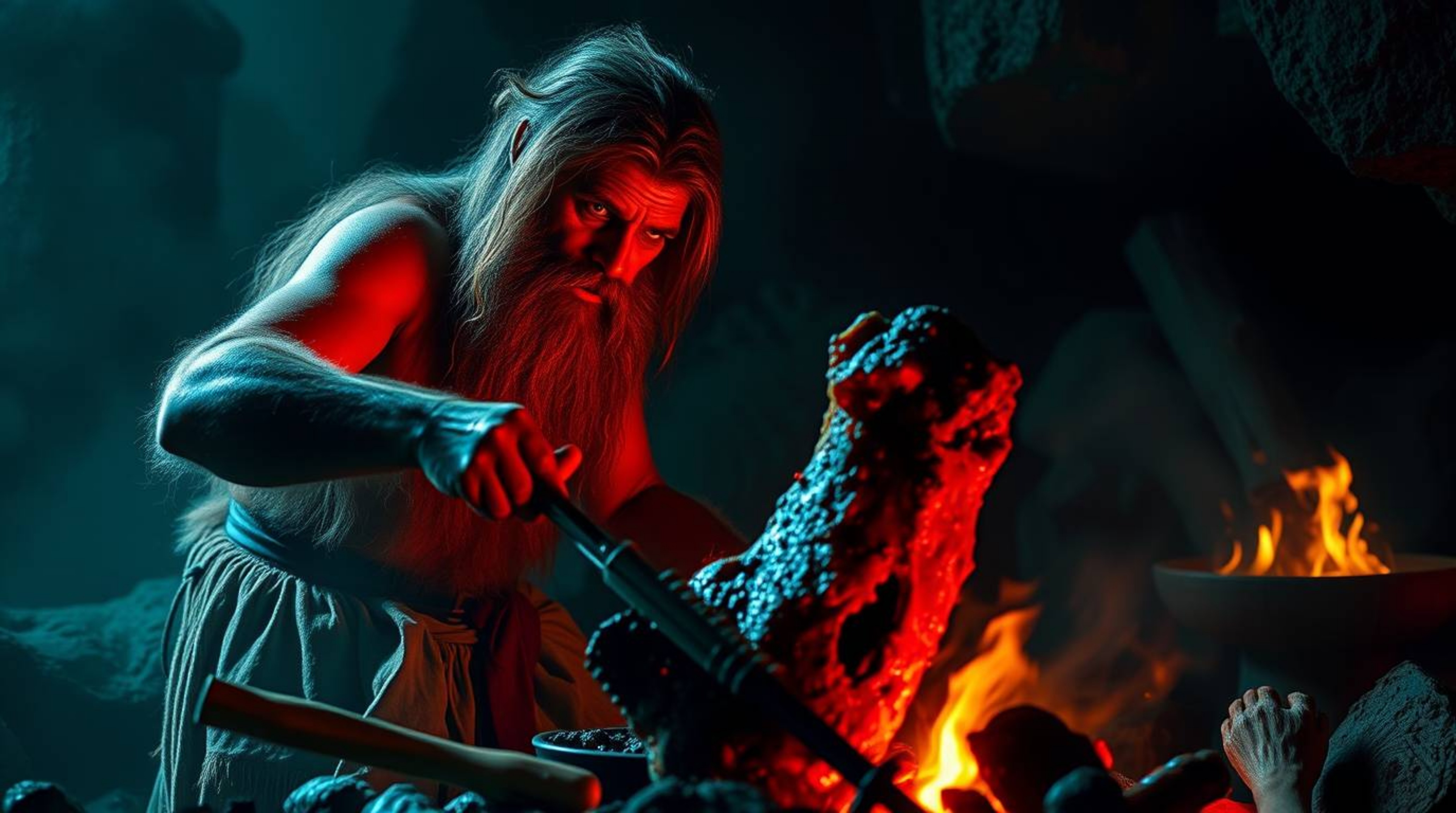 High-resolution stock photo depicting a caveman cooking mammoth meat, rendered in vibrant colors that create an eerie and cre