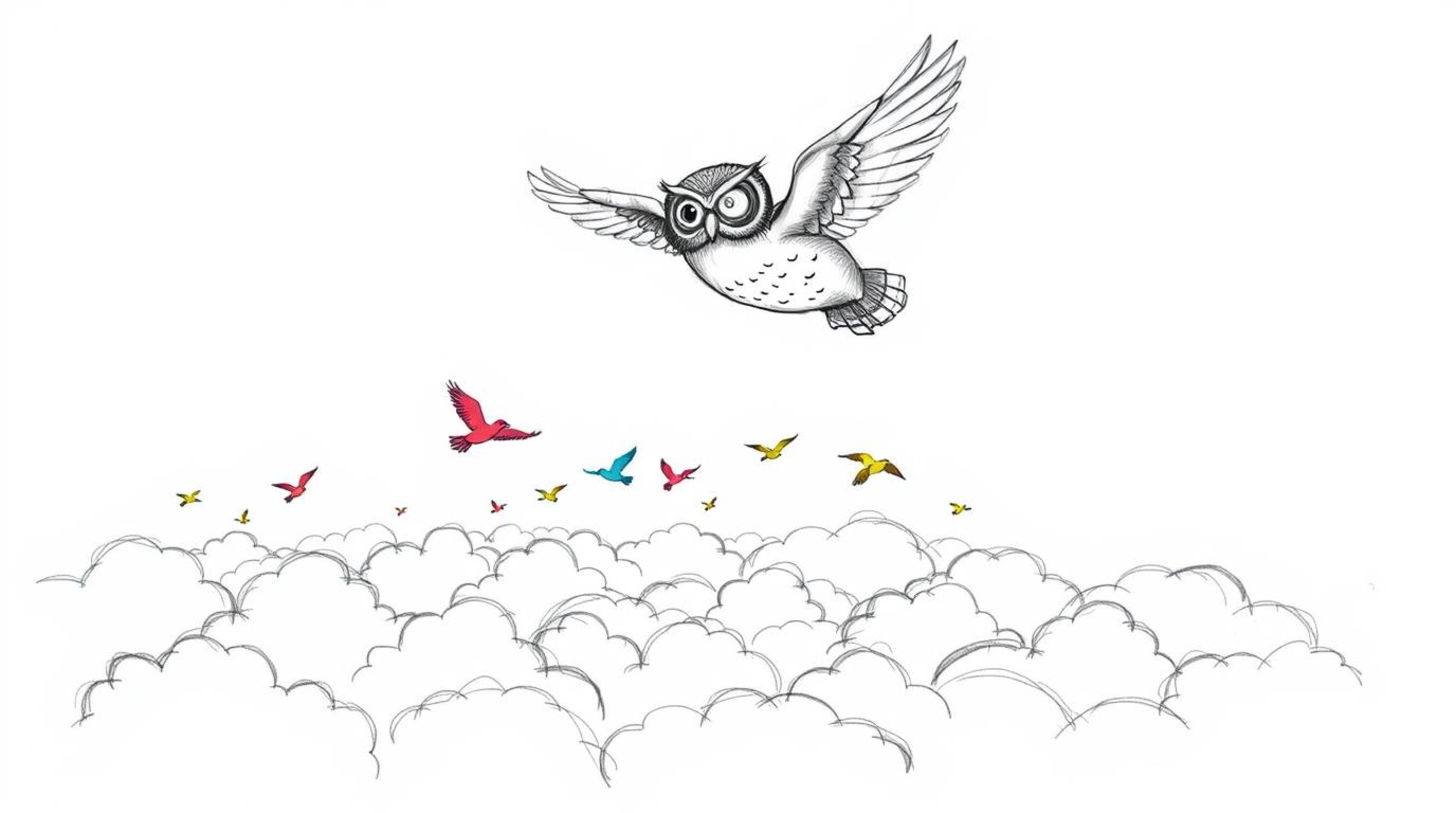 This hand-drawn sketch in Pixar style depicts a heartwarming scene of a blind owl with soft, detailed feathers guiding colorf