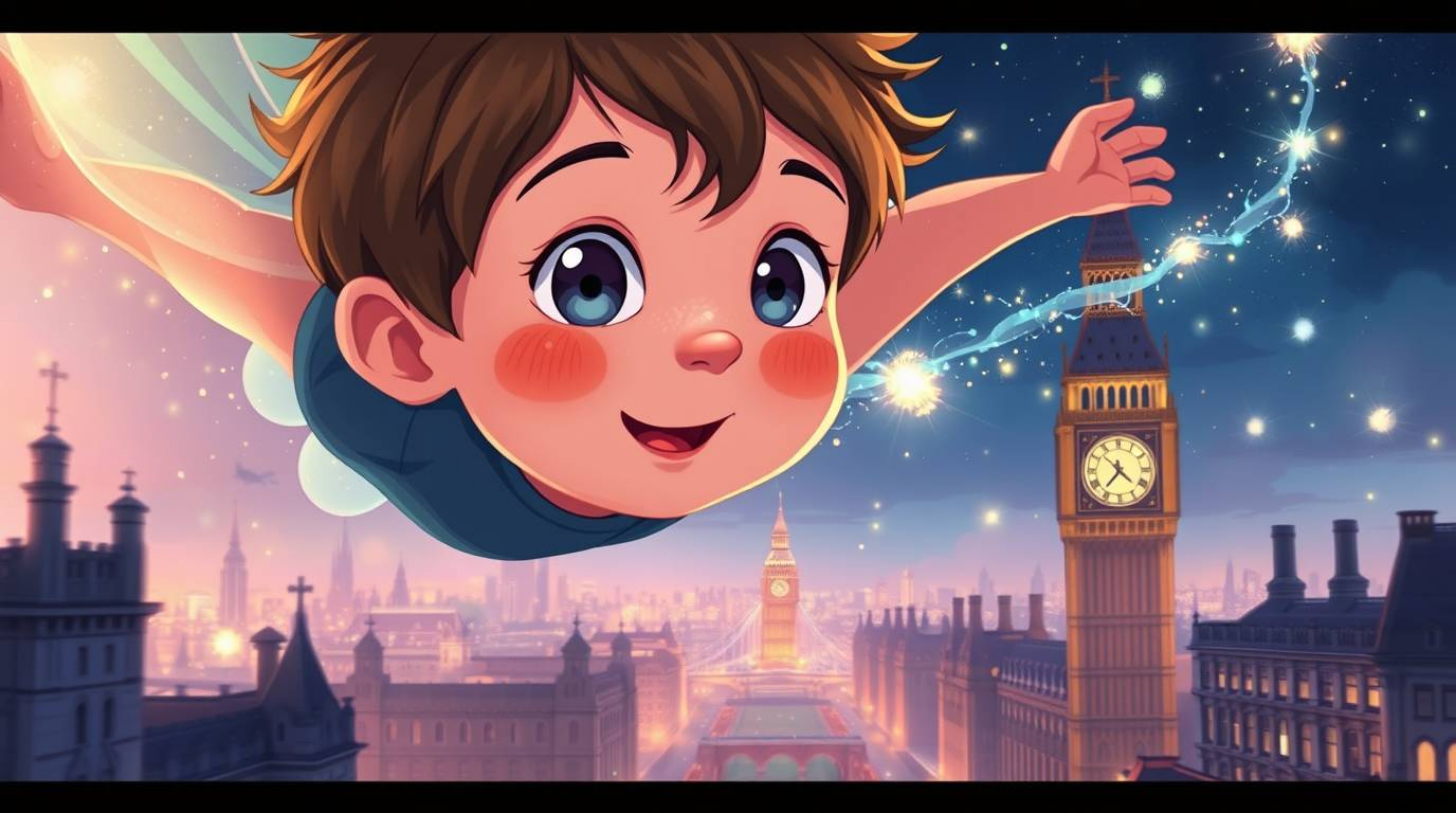 A captivating digital illustration depicts a young boy with rosy cheeks, soaring above the London skyline with vibrant, elect