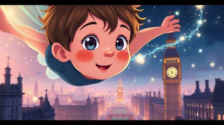 A captivating digital illustration depicts a young boy with rosy cheeks, soaring above the London skyline with vibrant, elect
