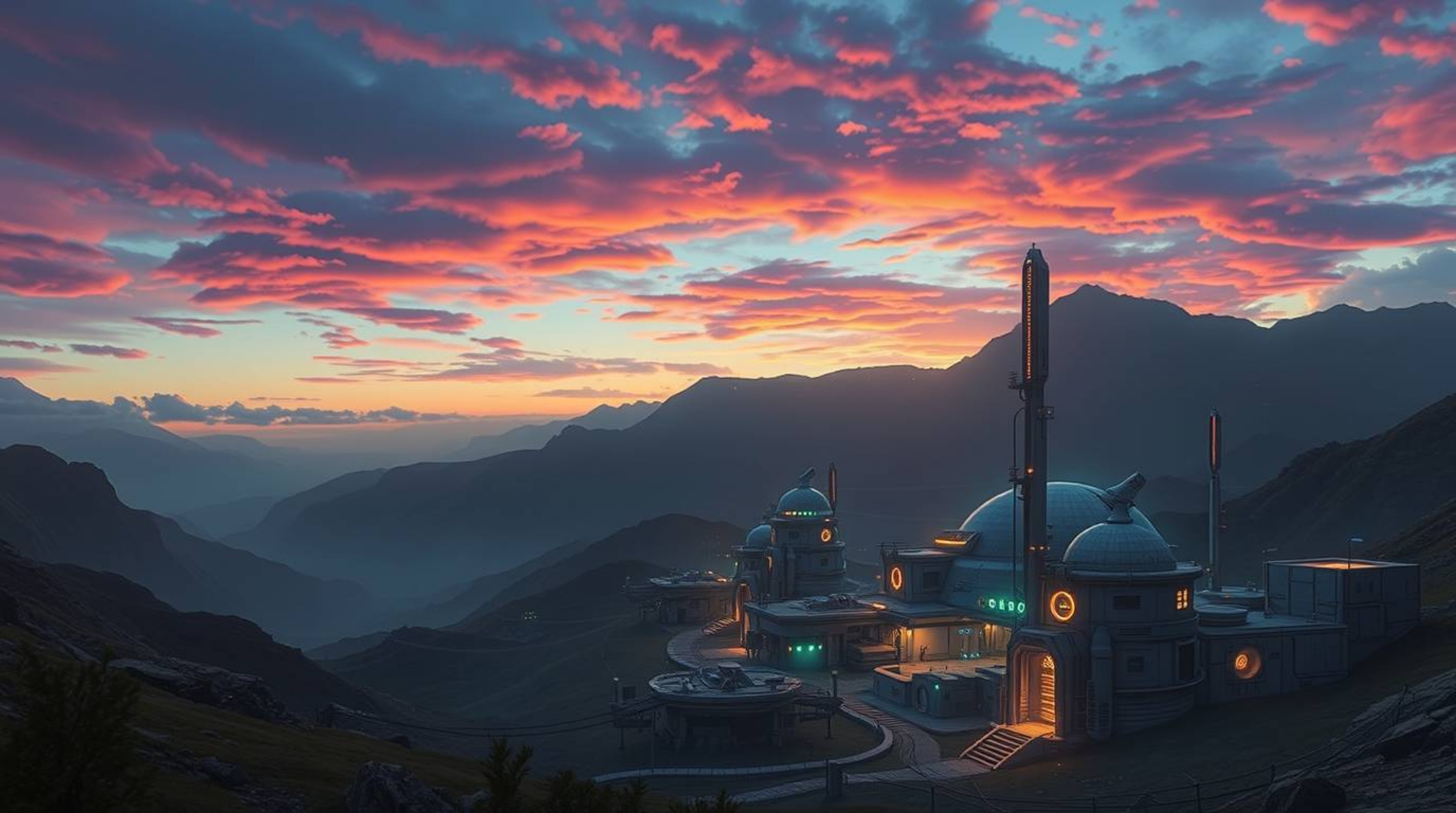 Discover a stunning visual of a village nestled in a valley, bathed in the soft glow of a vibrant, colorful sky.  The scene f