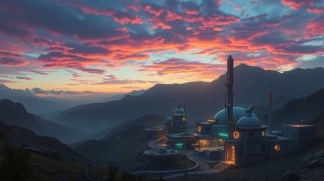 Discover a stunning visual of a village nestled in a valley, bathed in the soft glow of a vibrant, colorful sky.  The scene f