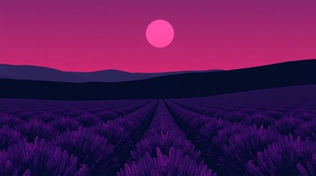 Experience an eerie and unsettling atmosphere captured in a modern flat design aesthetic. Imagine lavender fields bathed in t