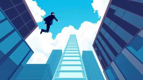 An abstract illustration depicting success through a businessperson's journey. The image showcases a modern flat design featu