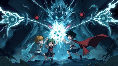 A captivating isekai-style anime illustration depicts three superpowered children engaged in a fierce battle against a menaci