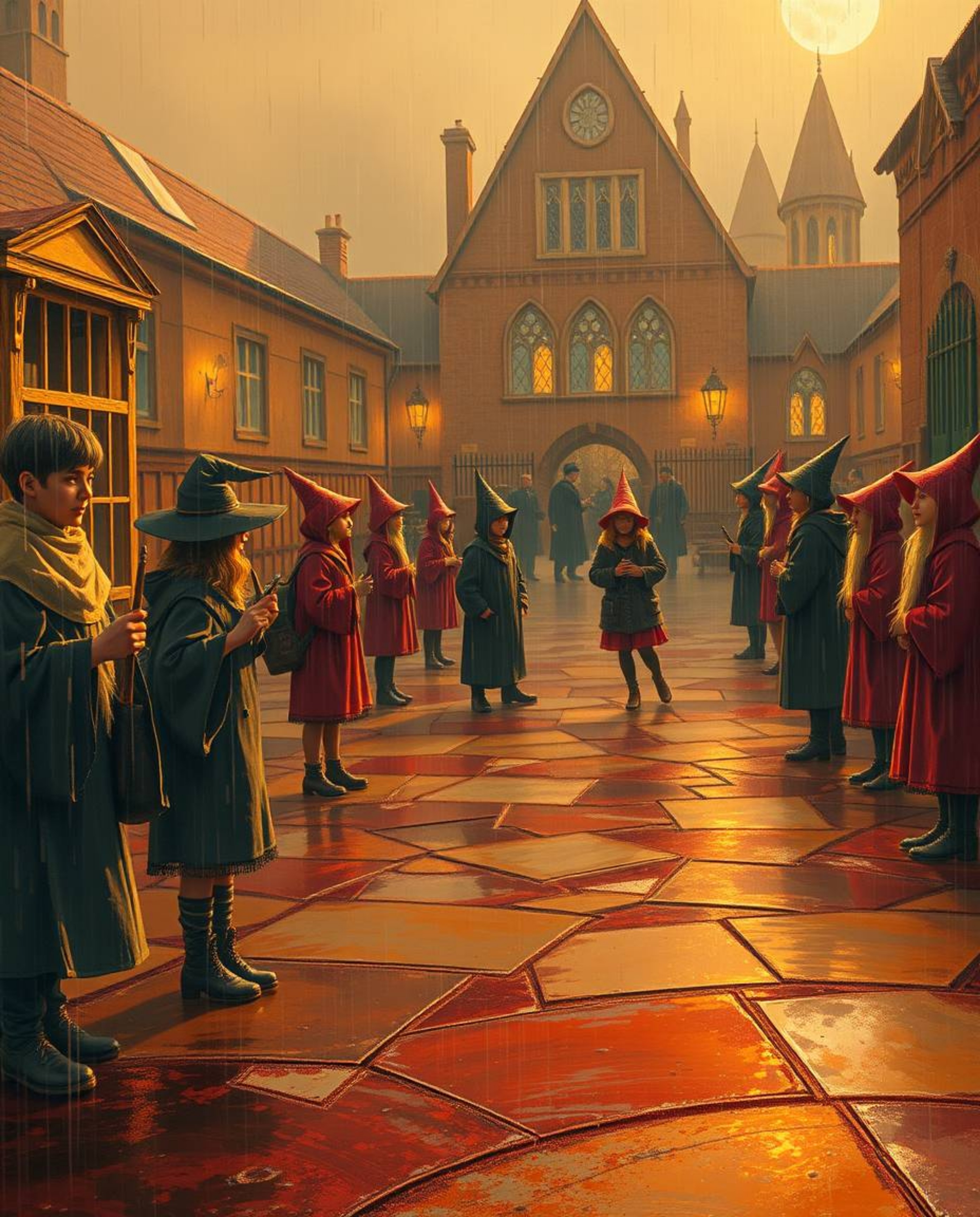 Immerse yourself in a magical world with this depiction of a wizarding school bathed in a warm, rainy ambiance. Featuring you