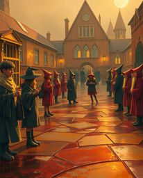 Immerse yourself in a magical world with this depiction of a wizarding school bathed in a warm, rainy ambiance. Featuring you