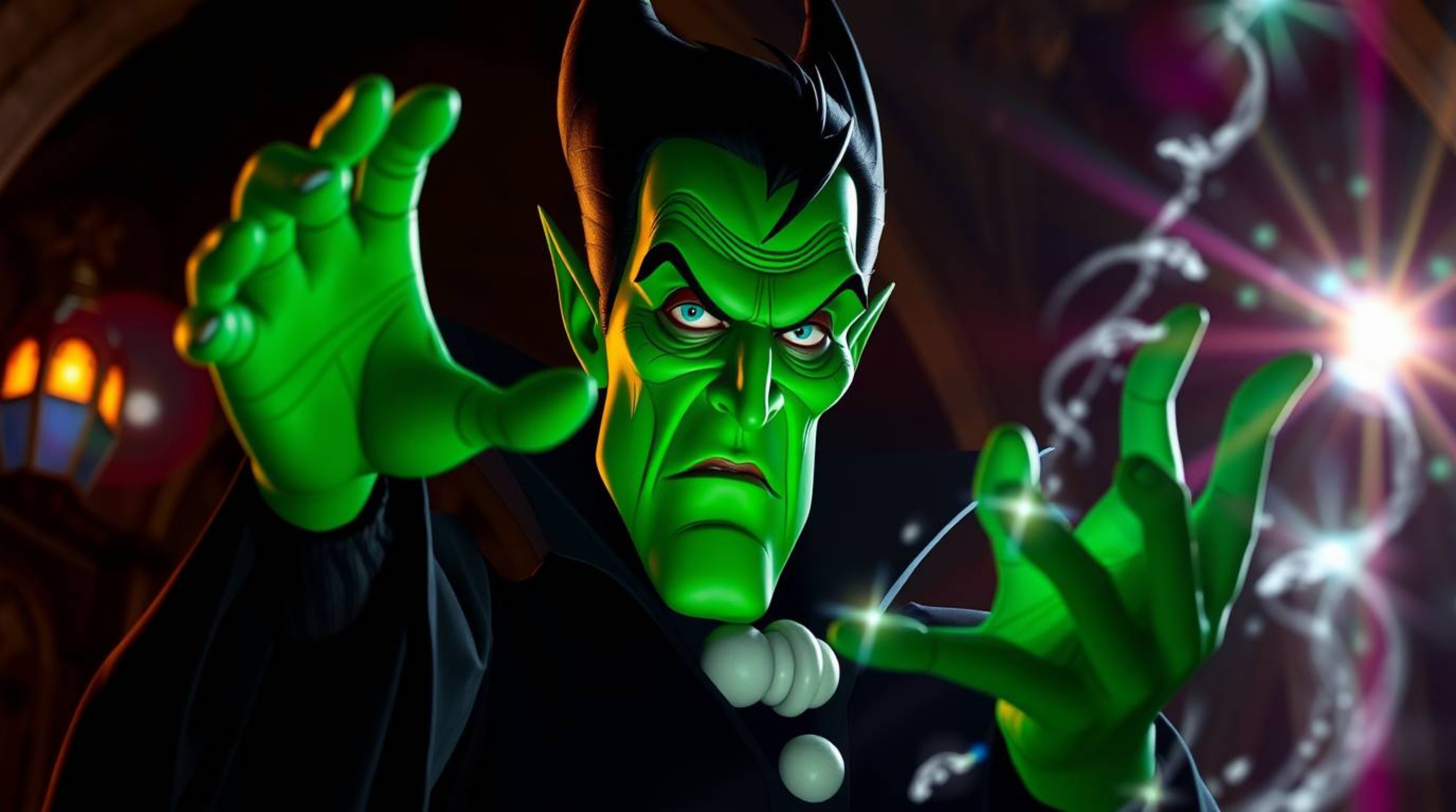 A captivating high-resolution stock photo depicts a classic Disney villain with striking emerald green skin casting a spell w