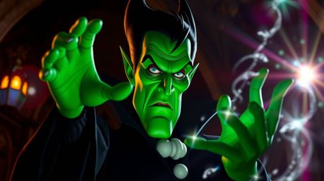 A captivating high-resolution stock photo depicts a classic Disney villain with striking emerald green skin casting a spell w