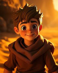 Embark on a thrilling desert adventure with a brave and charming Disney-style hero.  Bathed in warm golden light and dramatic