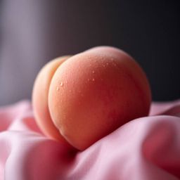 Captivating close-up photography featuring a soft, blushing pink peach resting on silky pastel pink fabric against an intense
