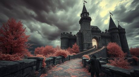 A surreal infrared photograph depicts a thief's daring infiltration of a heavily guarded castle amidst intense dramatic weath