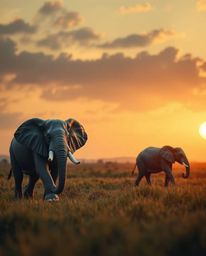 This cinematic still image captures elephants sculpted from layered papier-mâché as they walk across a field at sunset. The s