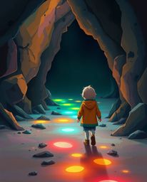 A dramatic, cinematic style illustration depicting a child in vibrant clothing following glowing, multi-colored footsteps int