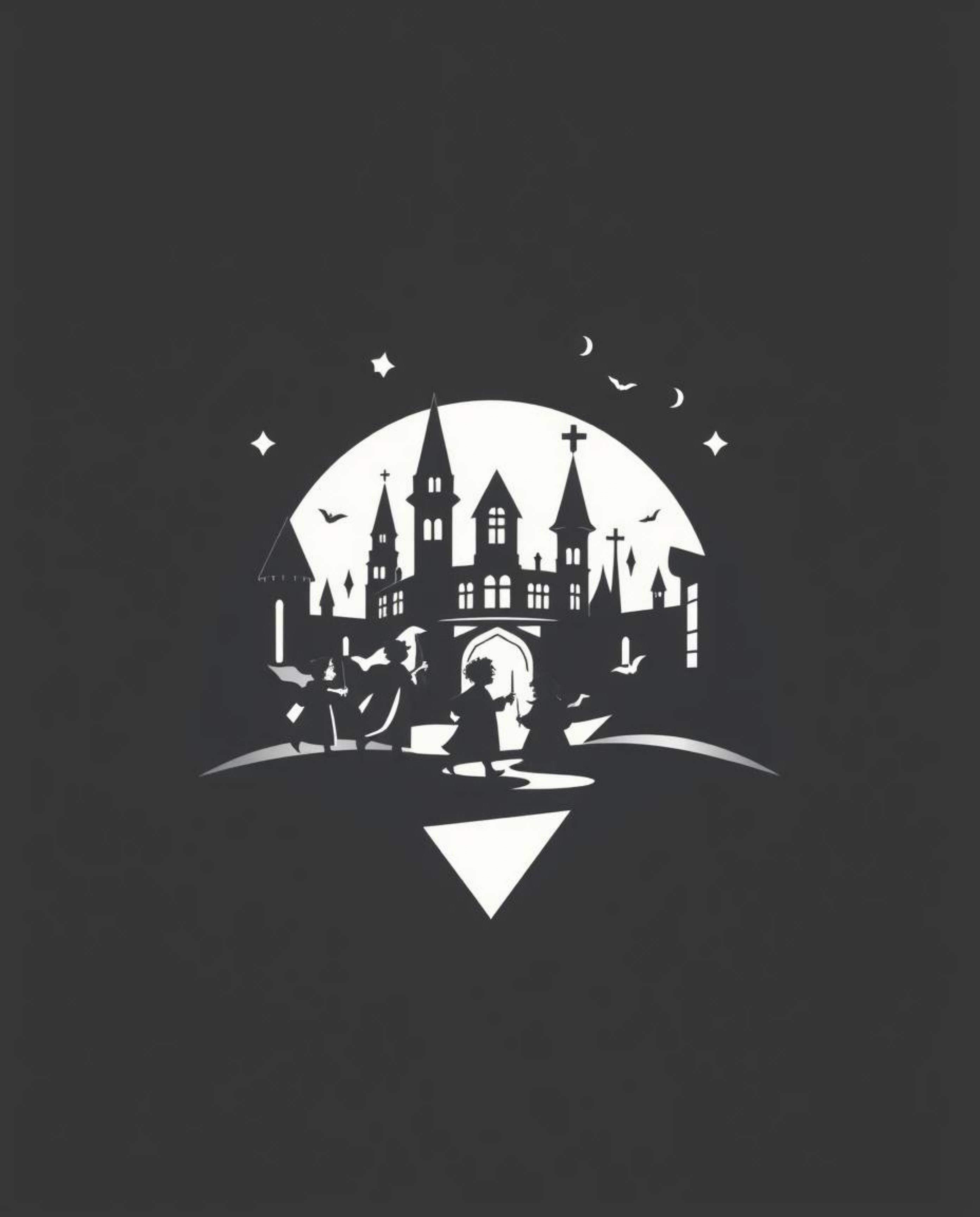 This logo concept features a magical school teeming with young wizards, rendered with high-contrast and low-key lighting. The