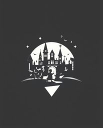 This logo concept features a magical school teeming with young wizards, rendered with high-contrast and low-key lighting. The