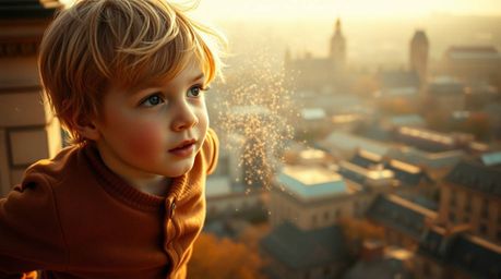 A captivating scene of a young boy with rosy cheeks and tousled blonde hair soaring above London, powered by golden pixie dus