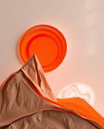 This is a layered papier-mâché sculpture of a sunset viewed from a high alpine peak, crafted with adorable and charming featu