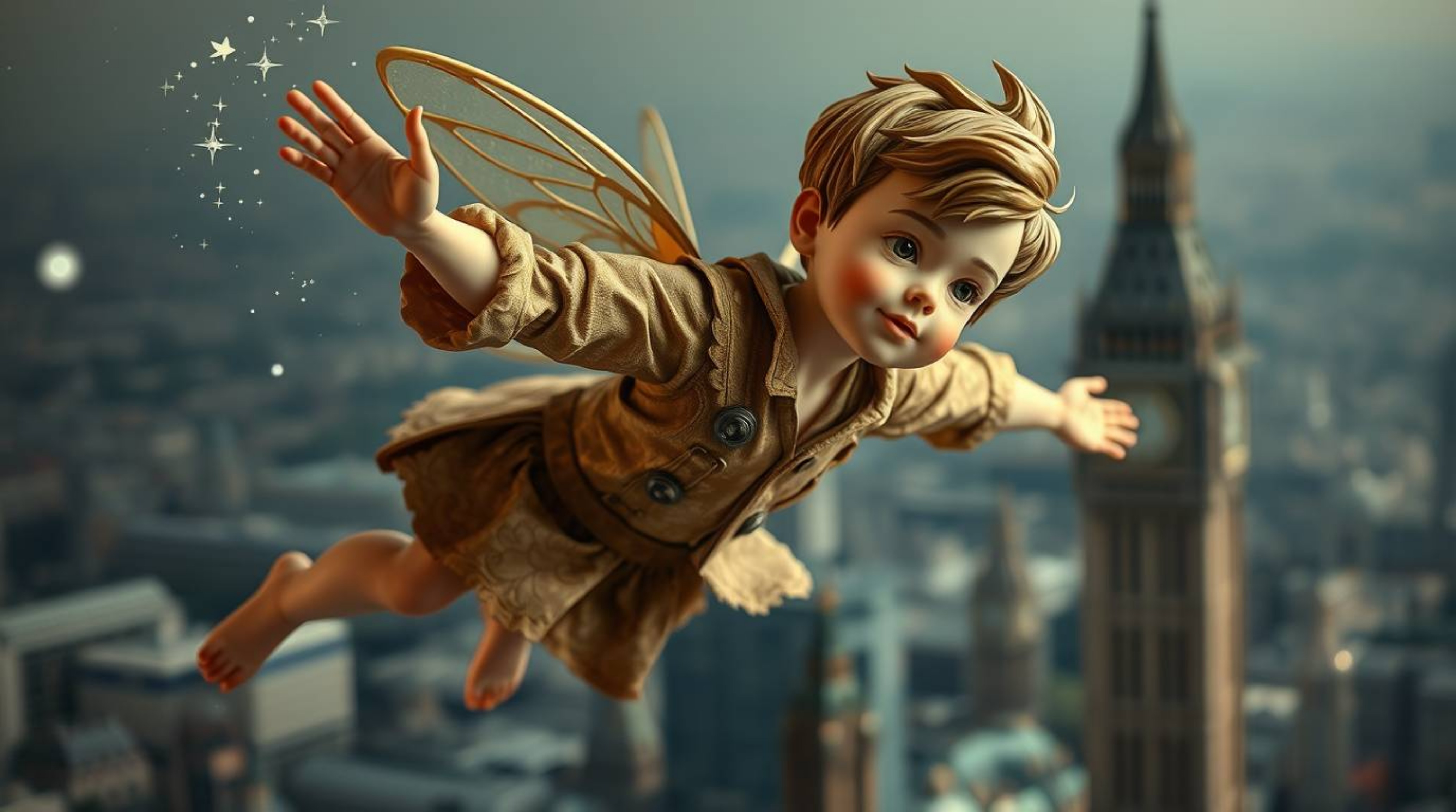 A young boy with sculpted, refined features gracefully flies above London, propelled by magical pixie dust. The artwork utili
