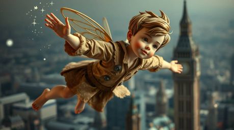 A young boy with sculpted, refined features gracefully flies above London, propelled by magical pixie dust. The artwork utili