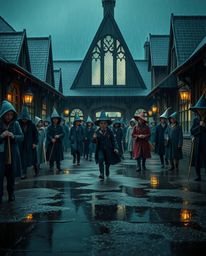 Immerse yourself in a dramatic cinematic portrayal of a magical school teeming with young wizards, set against a backdrop of 