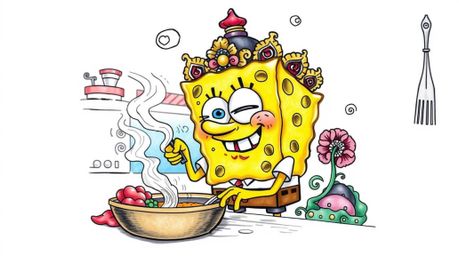 A dynamic traditional tattoo art print showcases a whimsical sponge character passionately cooking in a vibrant underwater ki