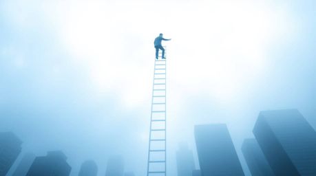 A unique logo concept depicts a businessperson ascending a transparent ladder disappearing into a vibrant blue sky above towe