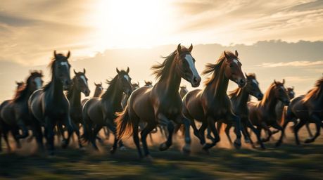 Capture the raw power and untamed beauty of a herd of wild horses galloping beneath a radiant sky. This intensely lit image b