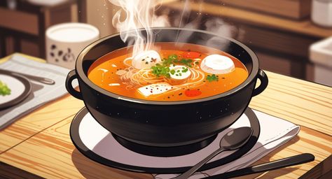 Imagine a comforting scene: a warm bowl of soup, invitingly topped with rising steam, sits gracefully on a rustic wooden tabl