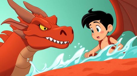 A charming prince, depicted in a vibrant 1950s animation style, bravely confronts a fearsome dragon. The artwork masterfully 