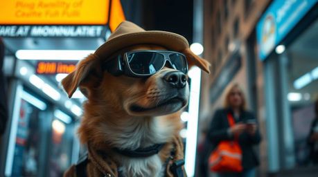 Discover stunning candid street photography featuring a dog detective utilizing high-tech gadgets.  Experience the vibrant ur