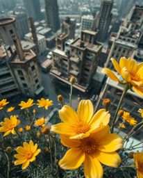 Explore a unique vision of resilience with images depicting flowers blooming amidst the ruins of a post-apocalyptic city. The